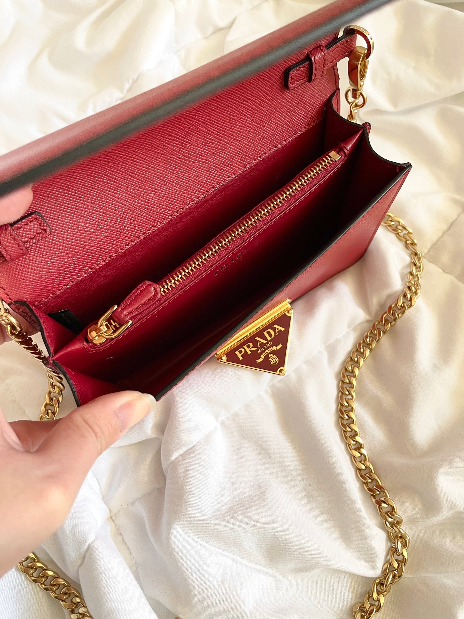 Prada Saffiano Wallet on a Chain, Red (Fuoco)