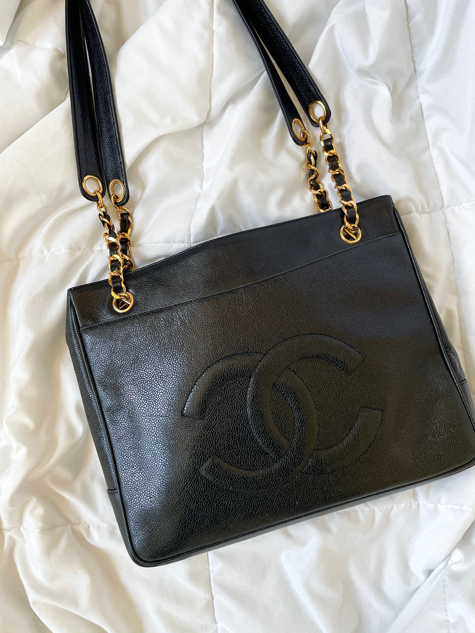 CHANEL Caviar Chain Shoulder Shopping Tote Bag Black Quilted Purse