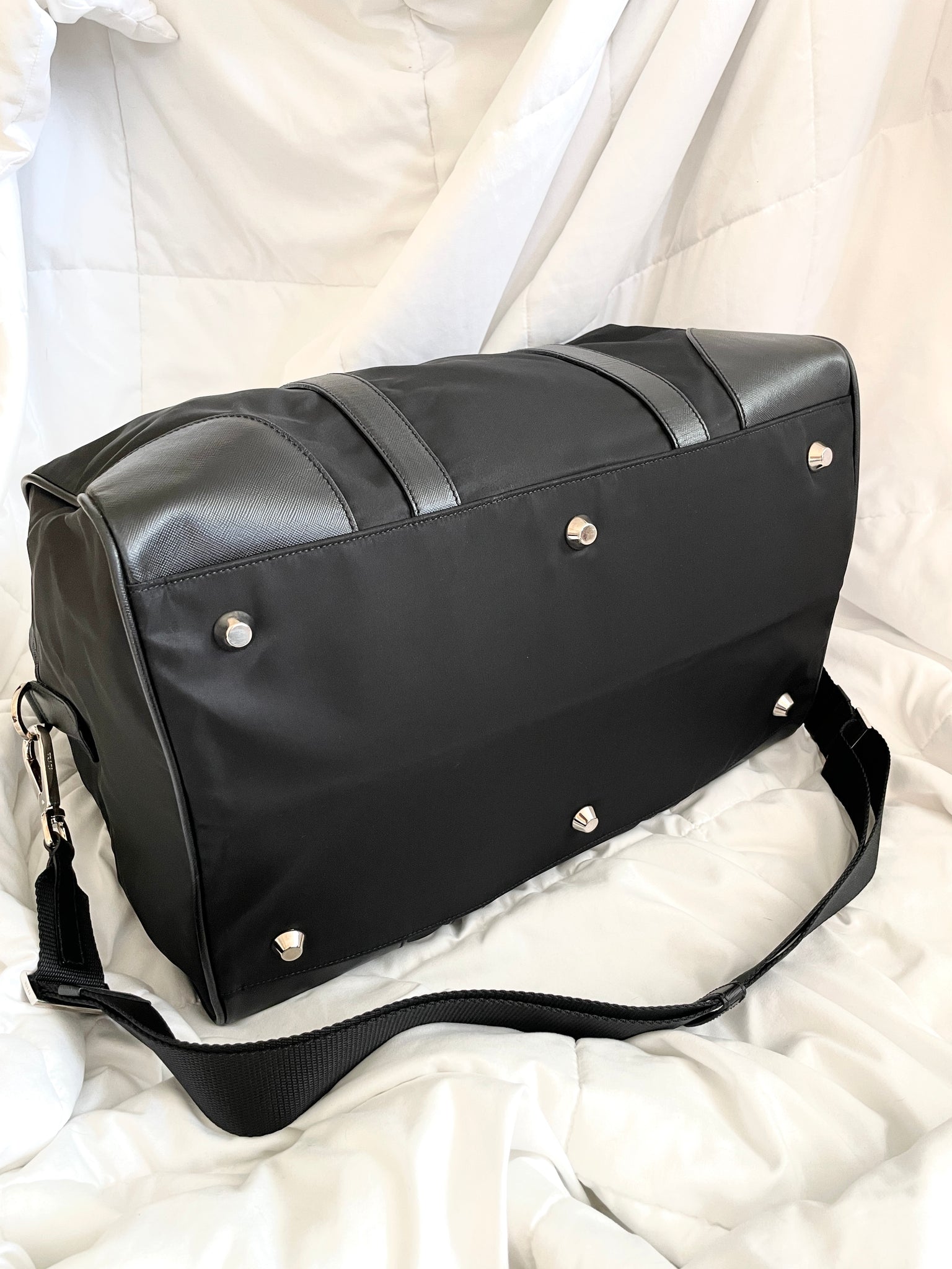 Black Re-nylon And Saffiano Leather Duffle Bag