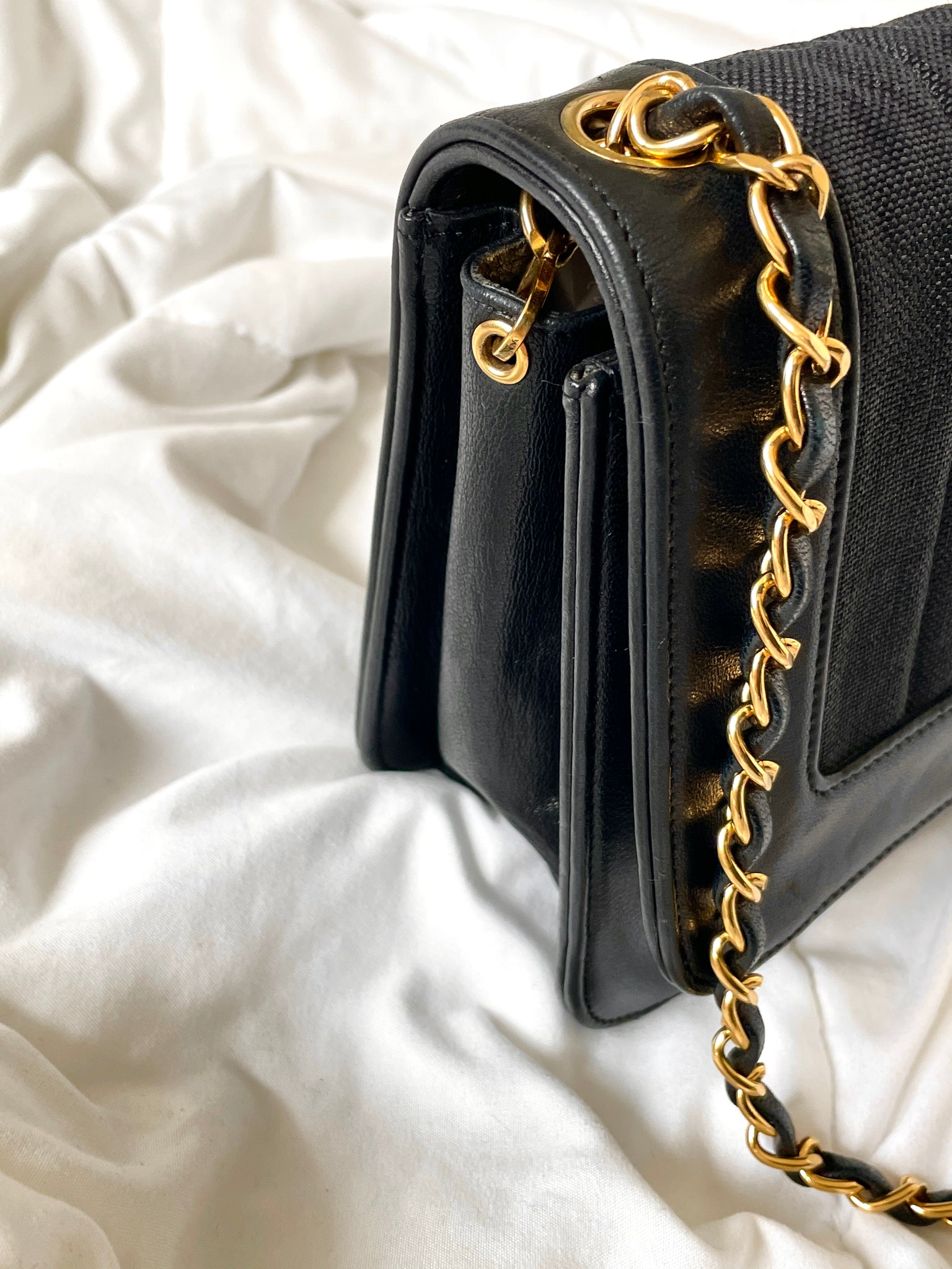 Rare Chanel Black Lambskin and Linen Bag
