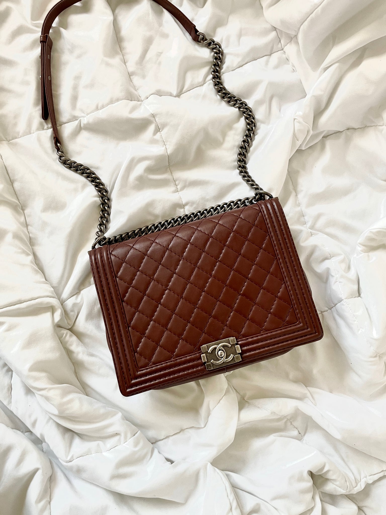 Chanel Handbag Boy Enchained Medium Chain Flap 234201 Black Leather X Tweed  Shoulder Bag, Chanel