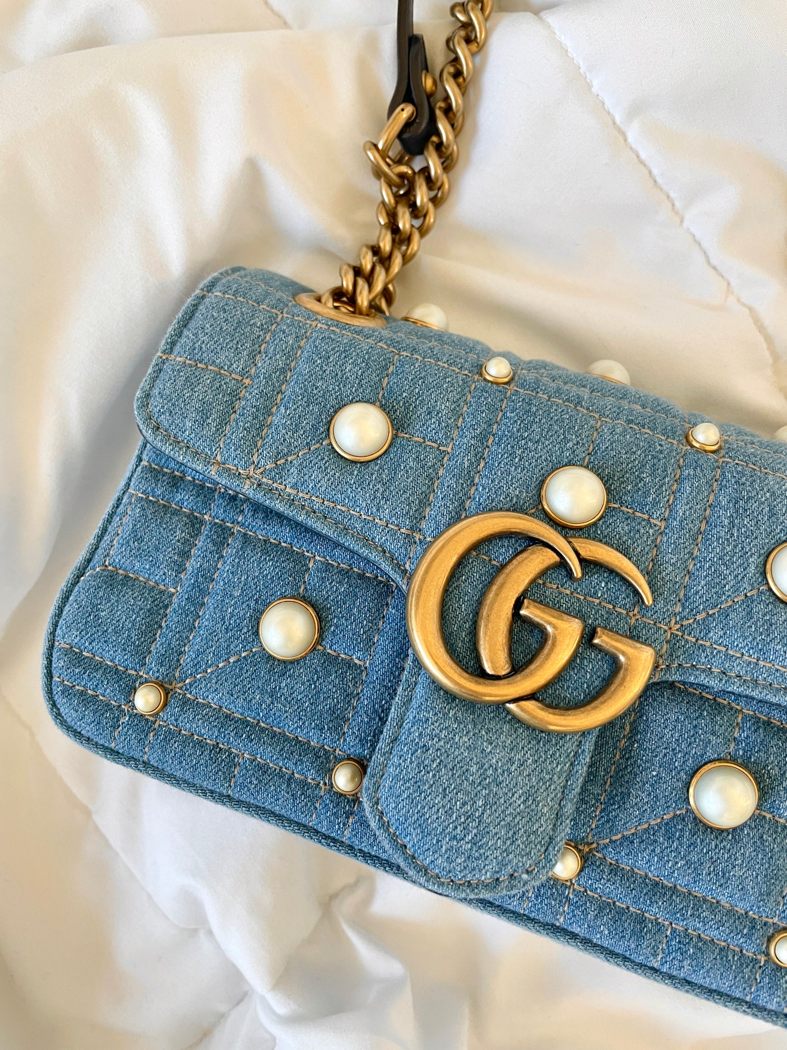 Gucci Blue Quilted Denim Small Pearl GG Marmont Tote