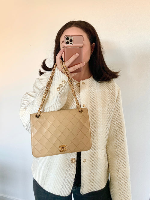 CHANEL Full Flap Quilted Chain Shoulder Bag 1477327 Purse Beige Lambskin  81124