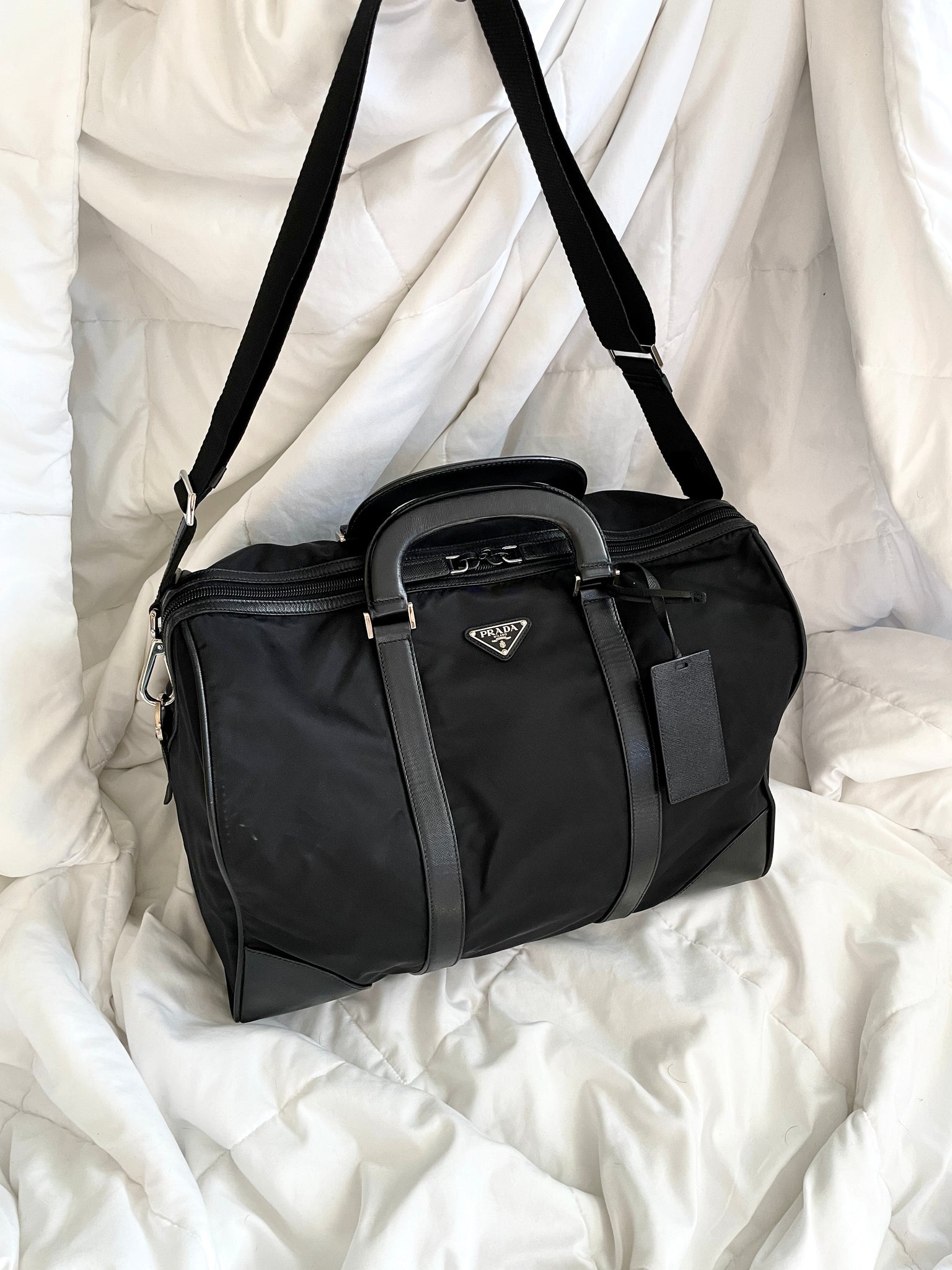 Prada Travel/Duffle/Duffel Bag made of Black Saffiano Leather and Nylon