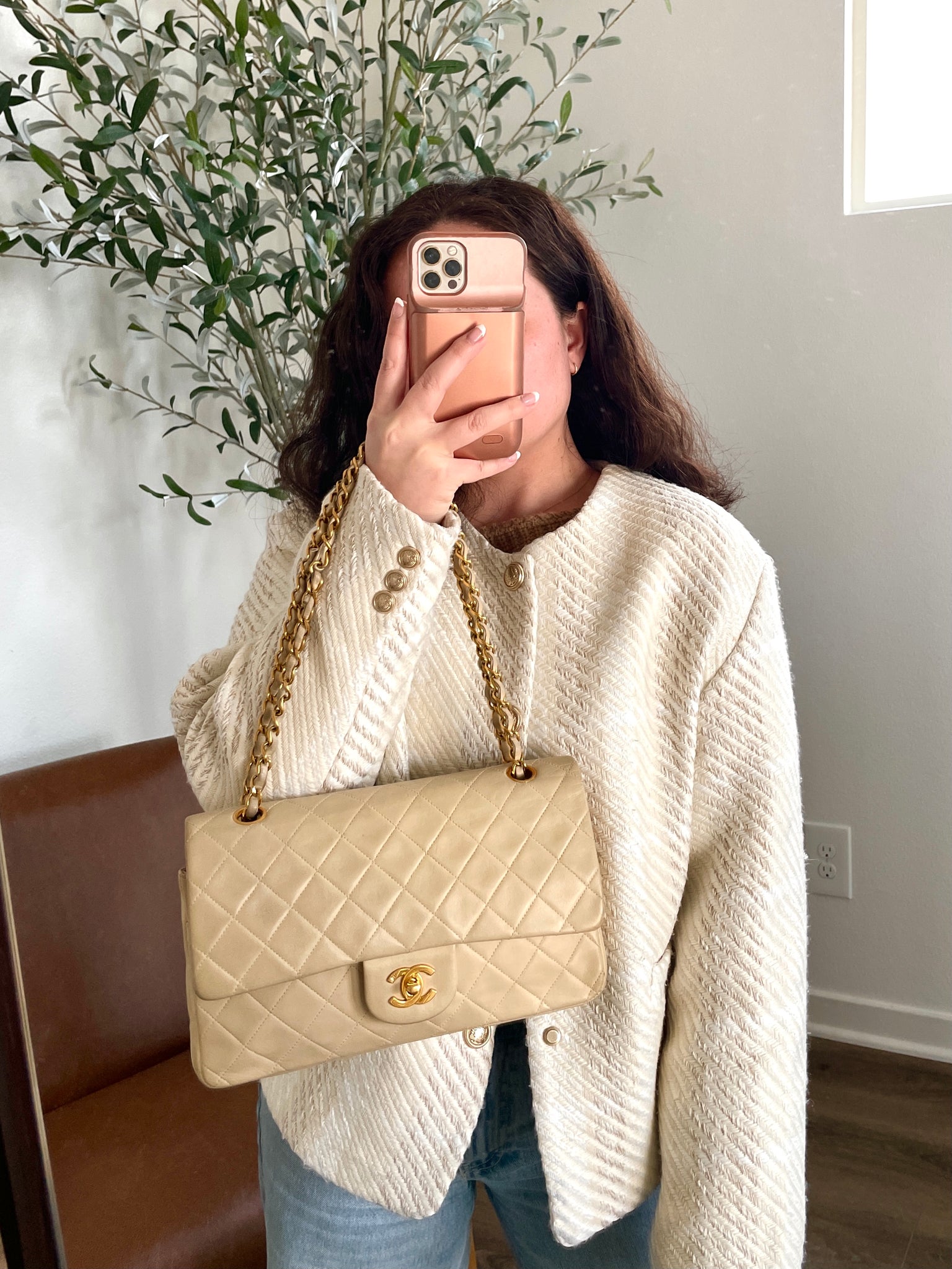 Chanel Beige Lambskin Double Flap Bag